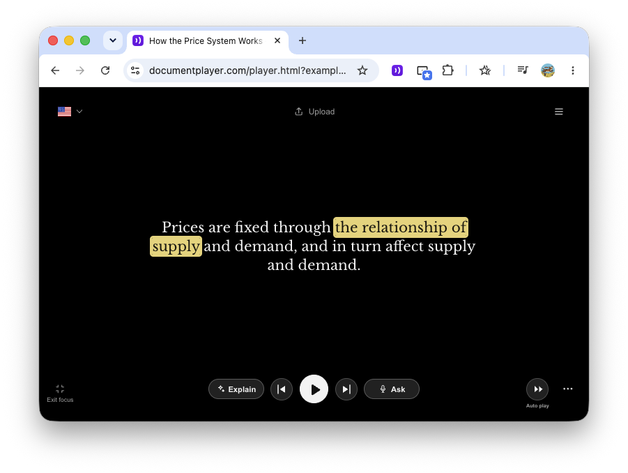 Document Player im dunklen Fokusmodus mit hervorgehobenem Text und Tasten zum Erklären, Abspielen und Fragenstellen.